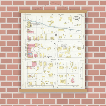 Old map wall art mockup — magnetic wood frame on brick wall — Sanborn Fire Insurance Map from Huntsville, Walker County, Texas (1912), Sheet #0003