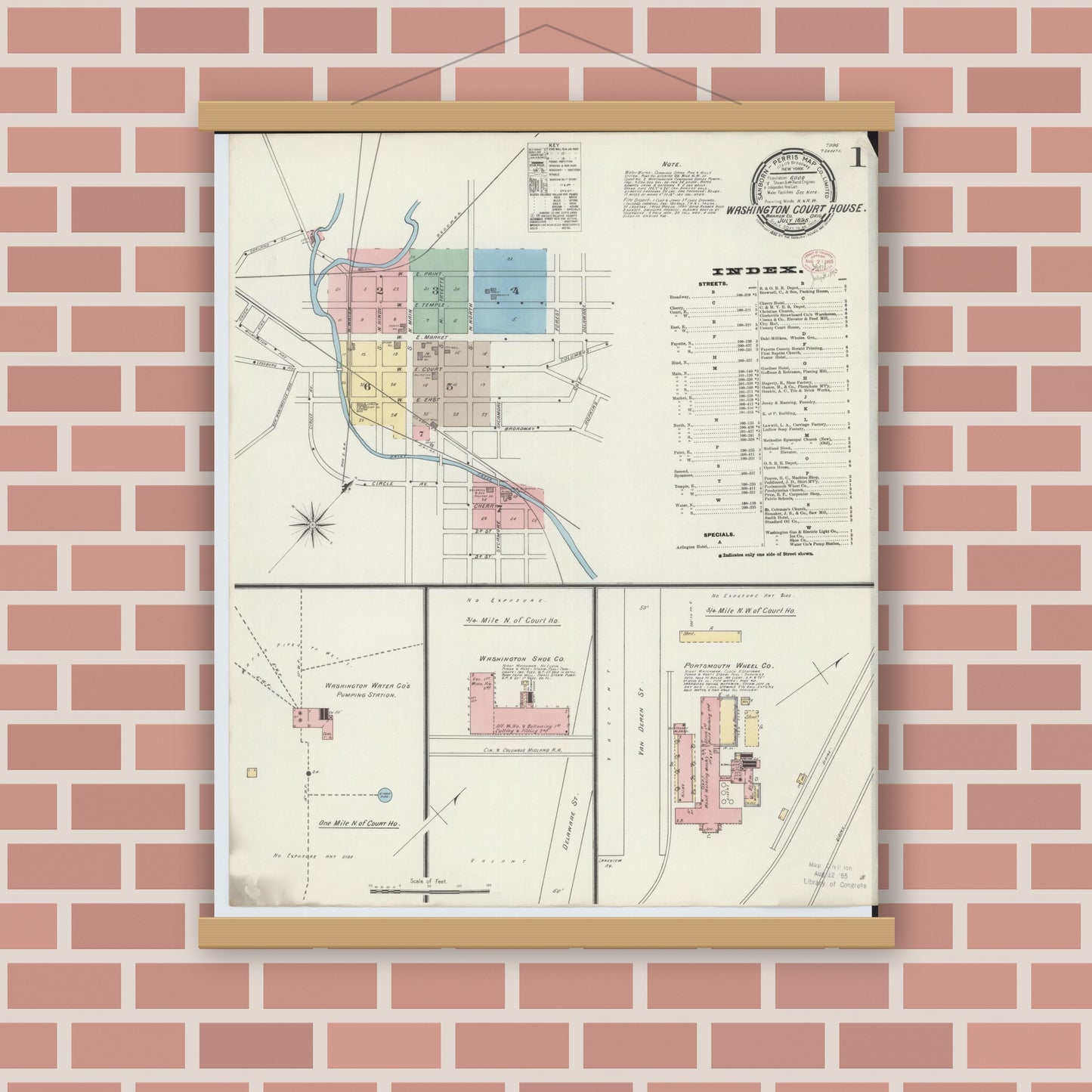 Old map wall art mockup — magnetic wood frame on brick wall — Sanborn Fire Insurance Map from Washington Court House, Fayette County, Ohio (1895), Sheet #0001