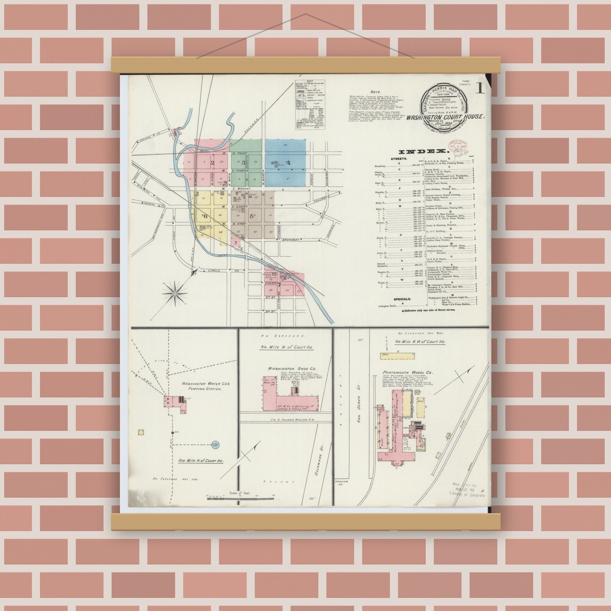 Old map wall art mockup — magnetic wood frame on brick wall — Sanborn Fire Insurance Map from Washington Court House, Fayette County, Ohio (1895), Sheet #0001