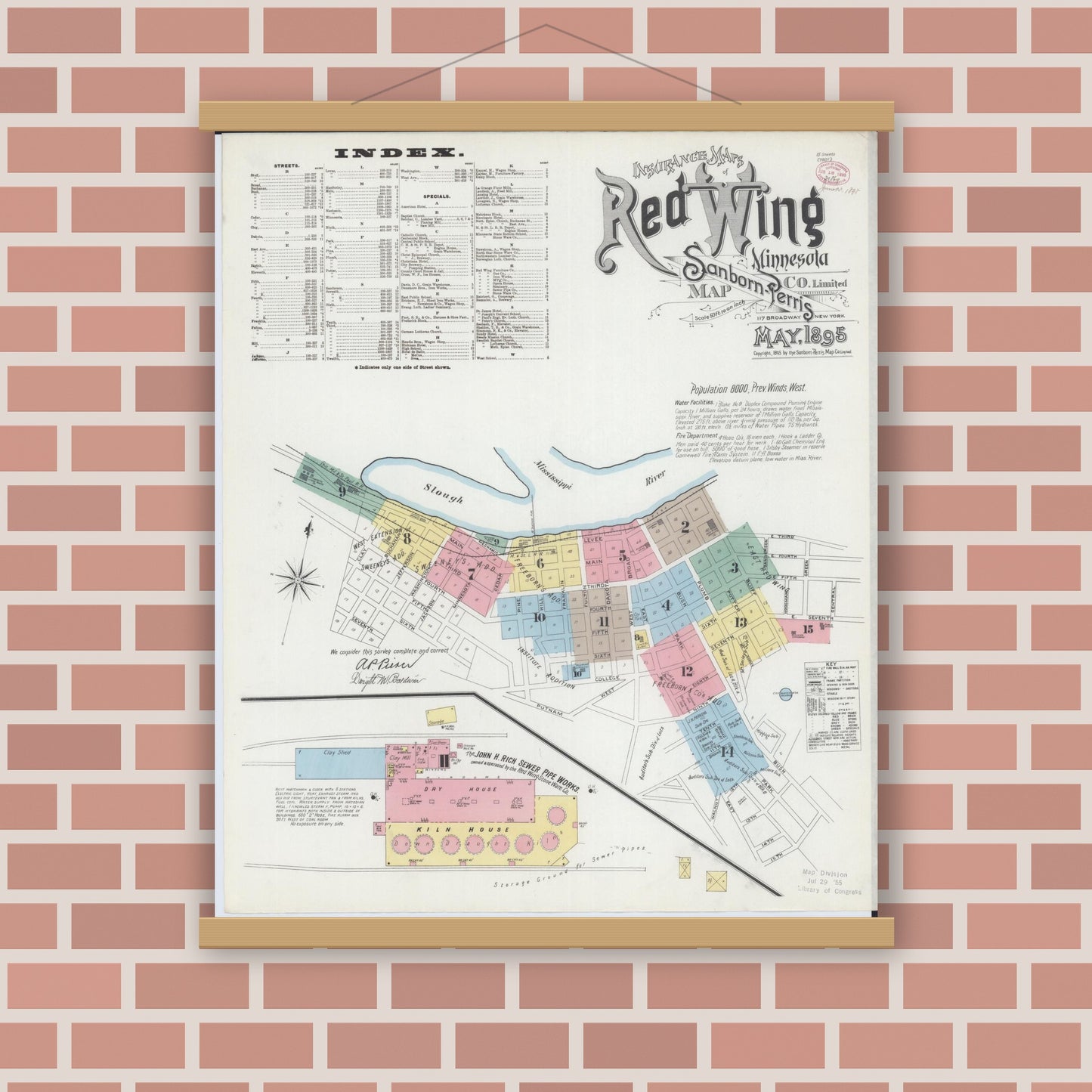 Old map wall art mockup — magnetic wood frame on brick wall — Sanborn Fire Insurance Map from Red Wing, Goodhue County, Minnesota (1895) - Complete Map Set