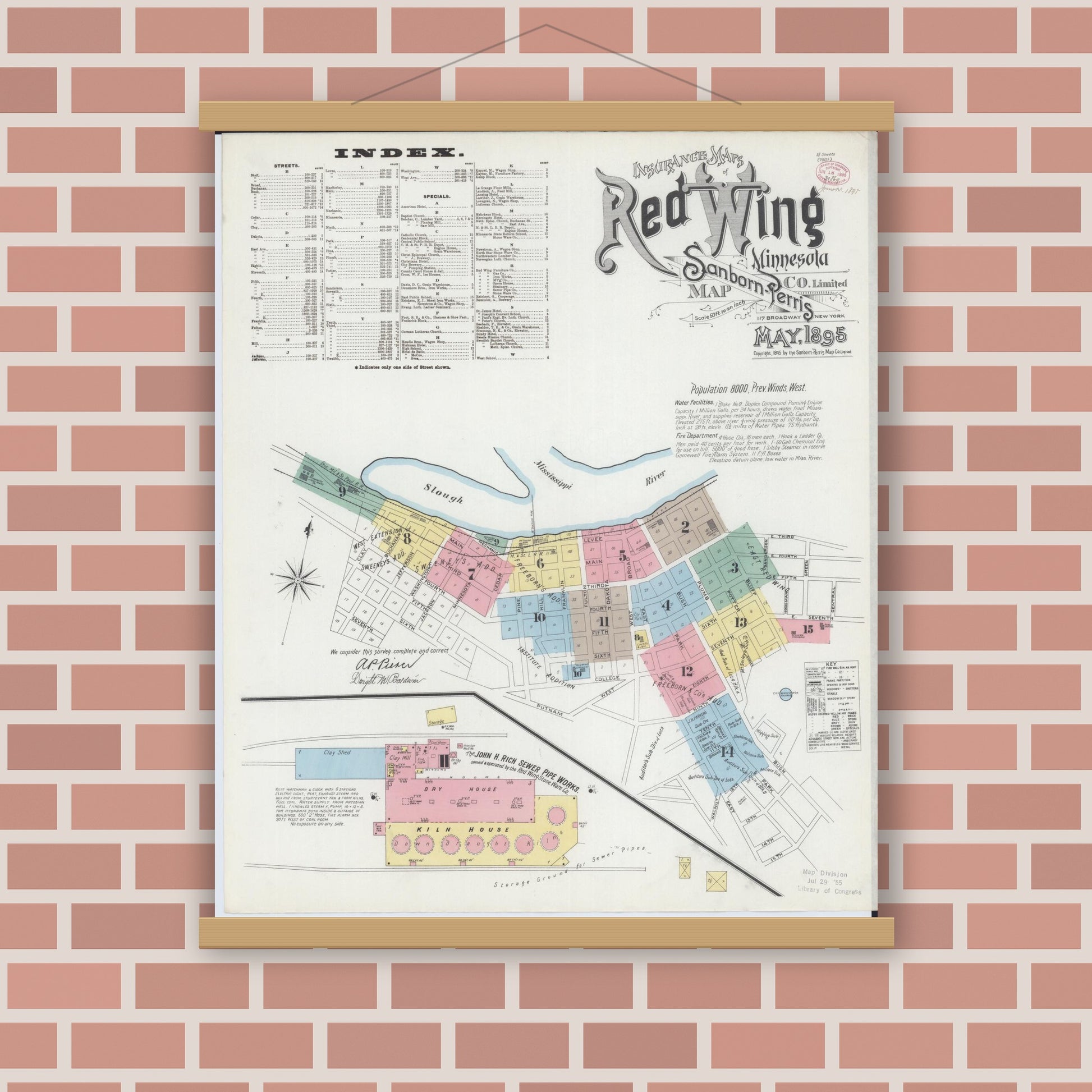 Old map wall art mockup — magnetic wood frame on brick wall — Sanborn Fire Insurance Map from Red Wing, Goodhue County, Minnesota (1895) - Complete Map Set