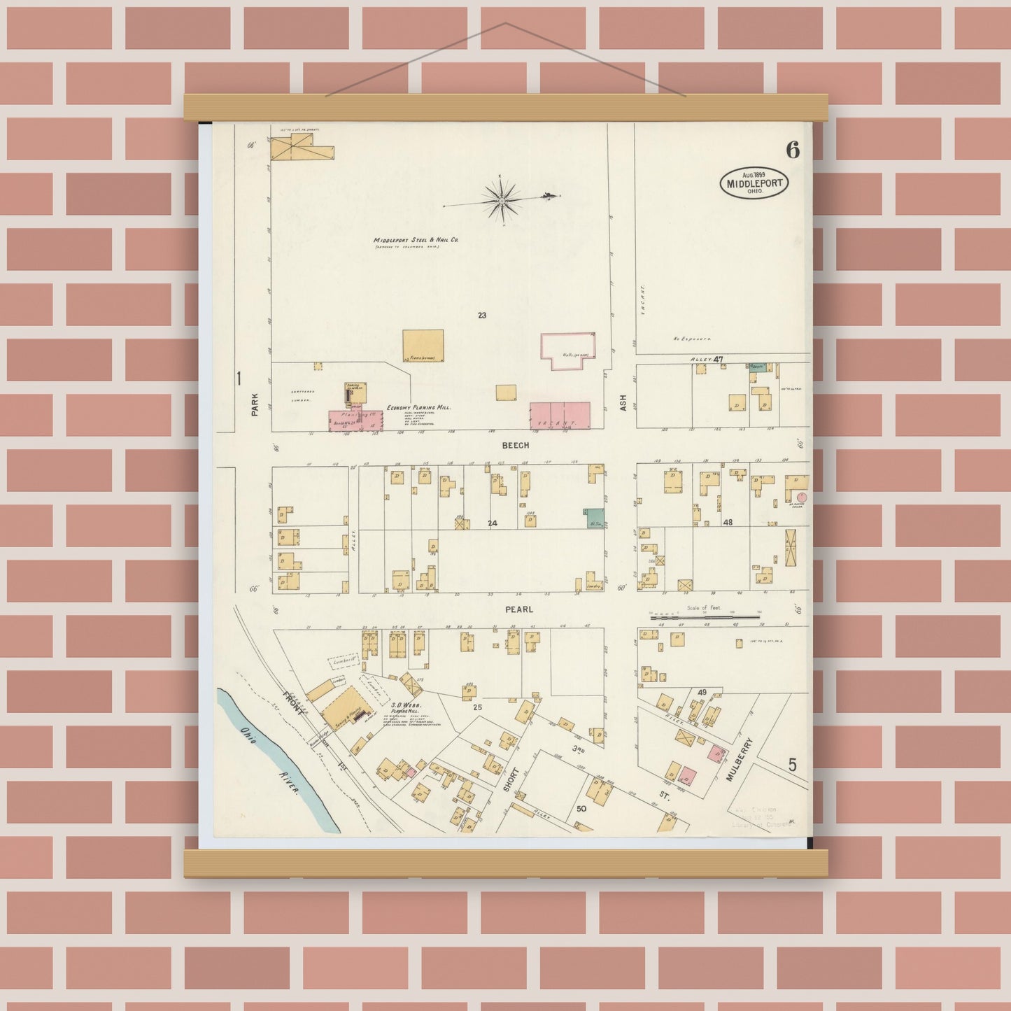 Old map wall art mockup — magnetic wood frame on brick wall — Sanborn Fire Insurance Map from Middleport, Meigs County, Ohio (1899), Sheet #0006