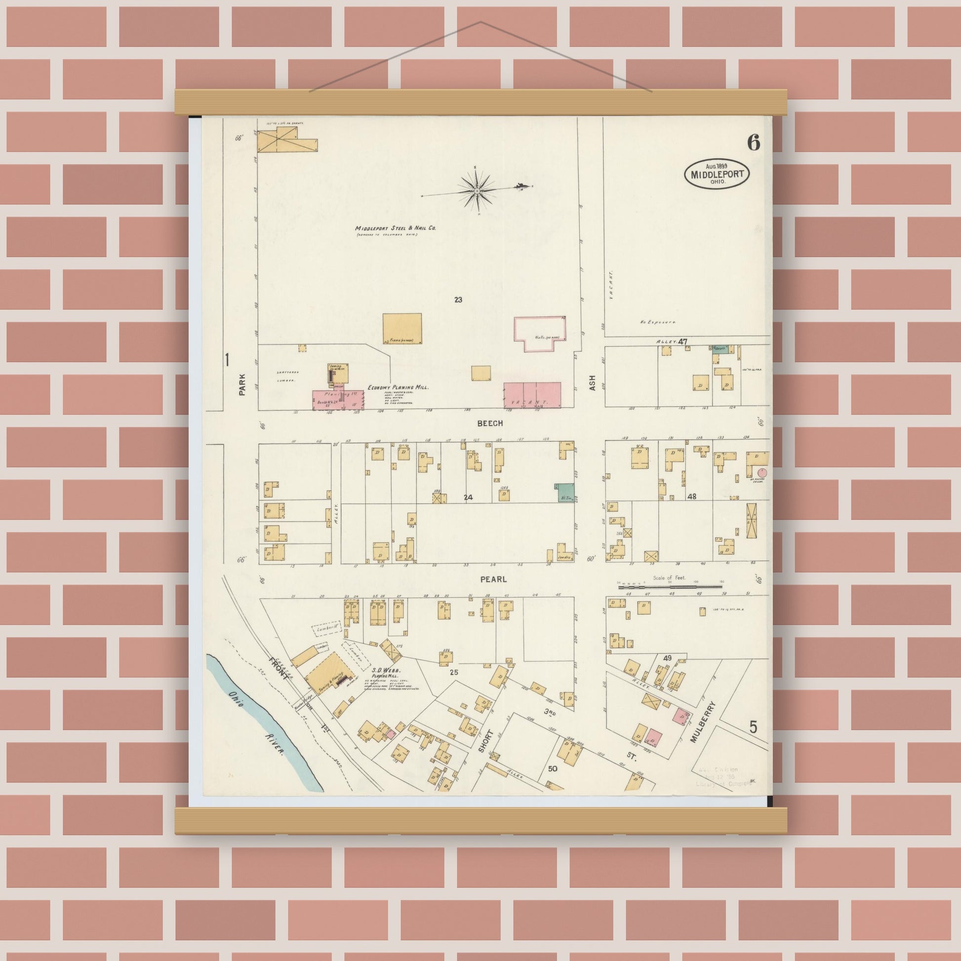 Old map wall art mockup — magnetic wood frame on brick wall — Sanborn Fire Insurance Map from Middleport, Meigs County, Ohio (1899), Sheet #0006