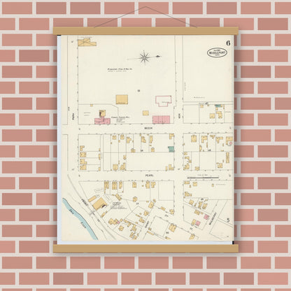 Old map wall art mockup — magnetic wood frame on brick wall — Sanborn Fire Insurance Map from Middleport, Meigs County, Ohio (1899), Sheet #0006