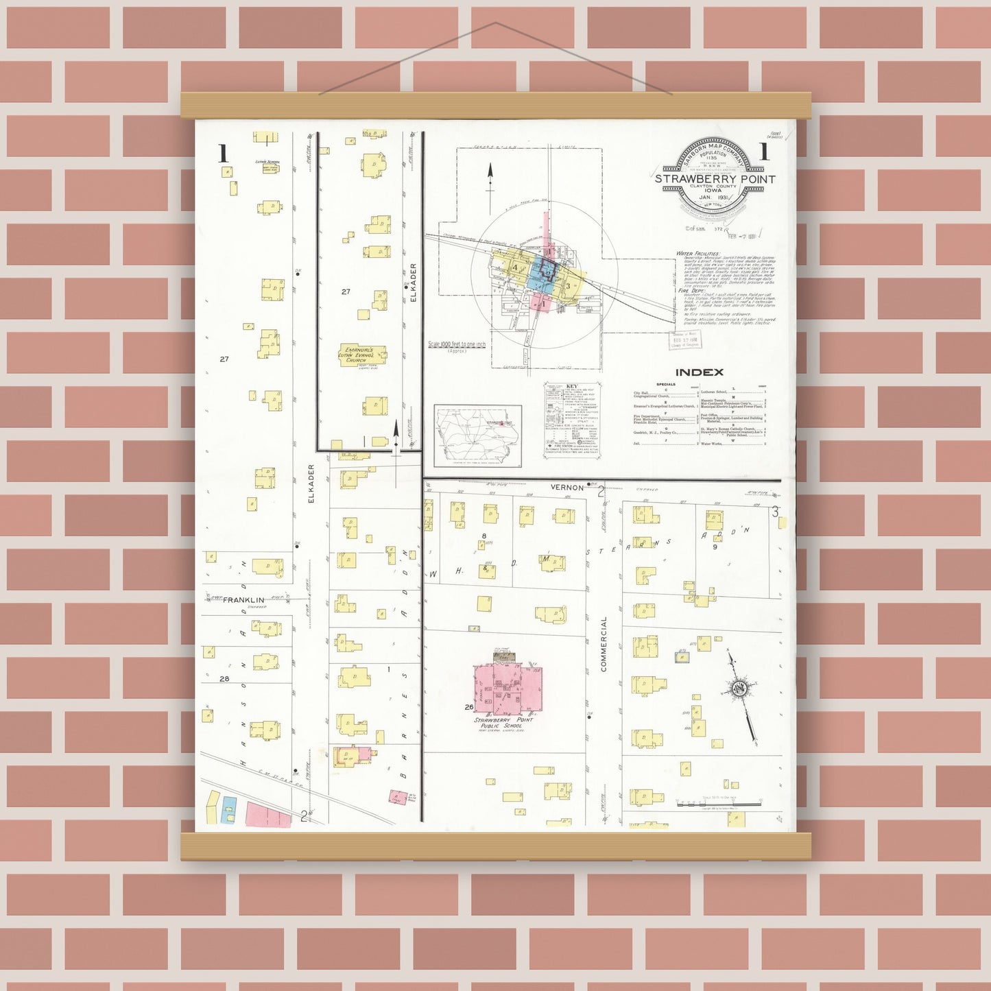 Old map wall art mockup — magnetic wood frame on brick wall — Sanborn Fire Insurance Map from Strawberry Point, Clayton County, Iowa (1931), Sheet #0001