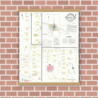 Old map wall art mockup — magnetic wood frame on brick wall — Sanborn Fire Insurance Map from Strawberry Point, Clayton County, Iowa (1931), Sheet #0001