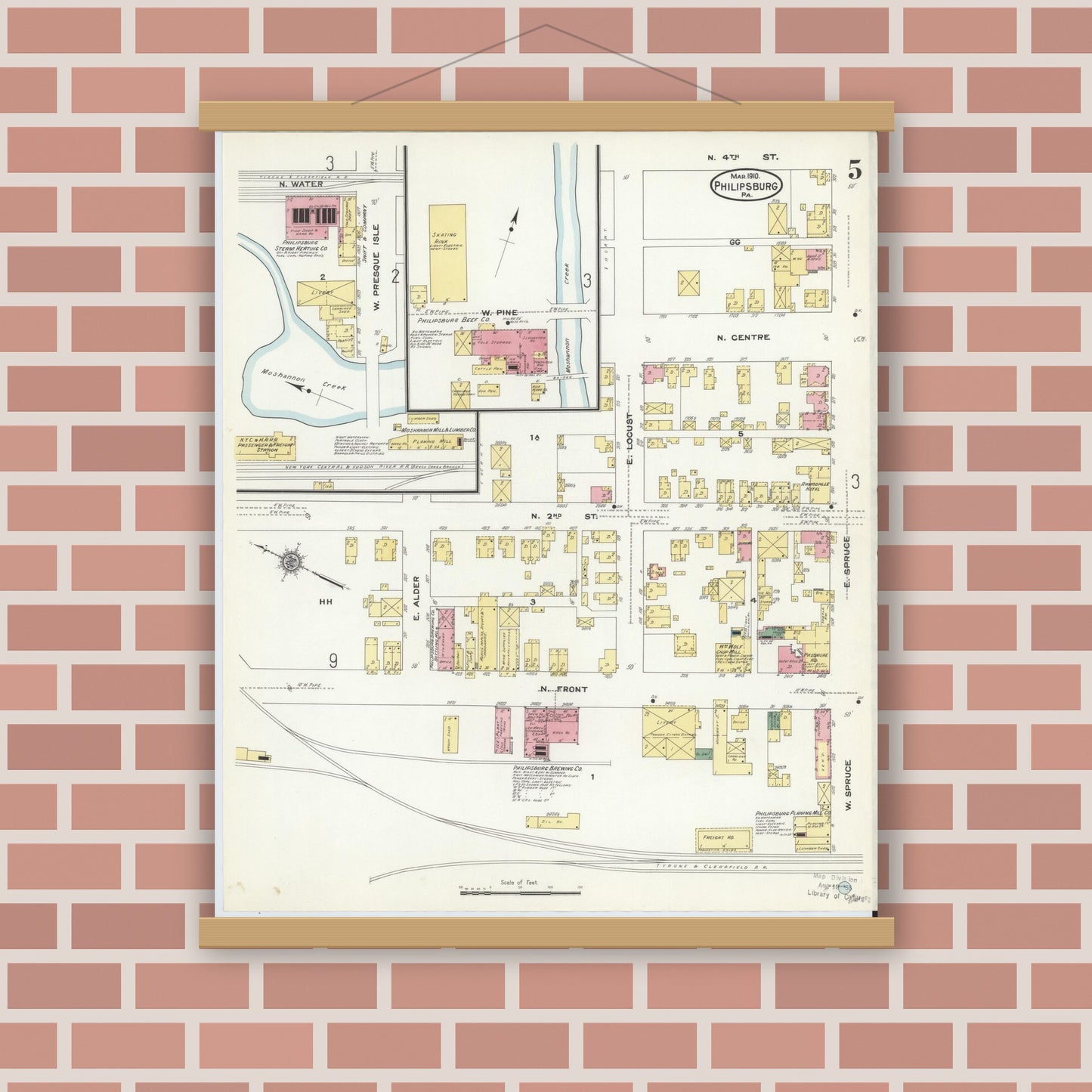 Old map wall art mockup — magnetic wood frame on brick wall — Sanborn Fire Insurance Map from Philipsburg, Centre County, Pennsylvania (1910), Sheet #0005