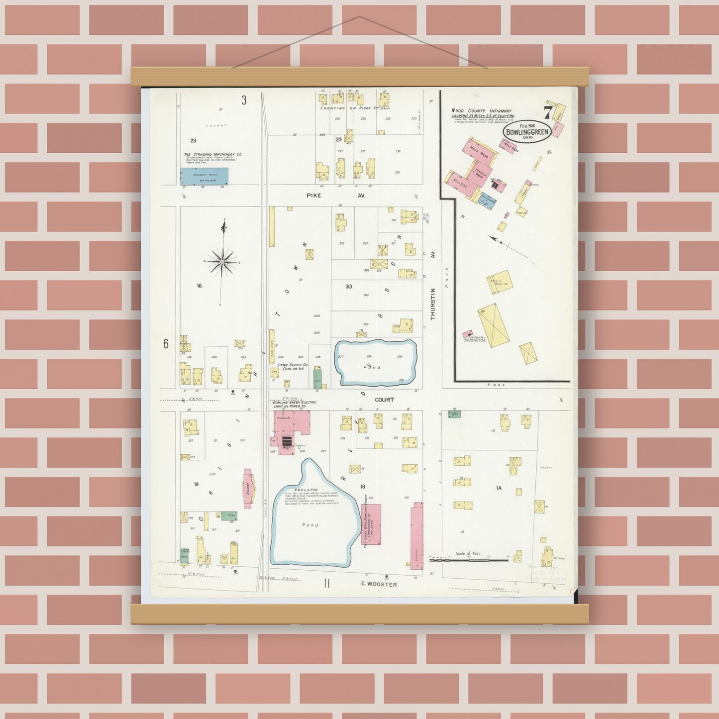 Old map wall art mockup — magnetic wood frame on brick wall — Sanborn Fire Insurance Map from Bowling Green, Wood County, Ohio (1908), Sheet #0007