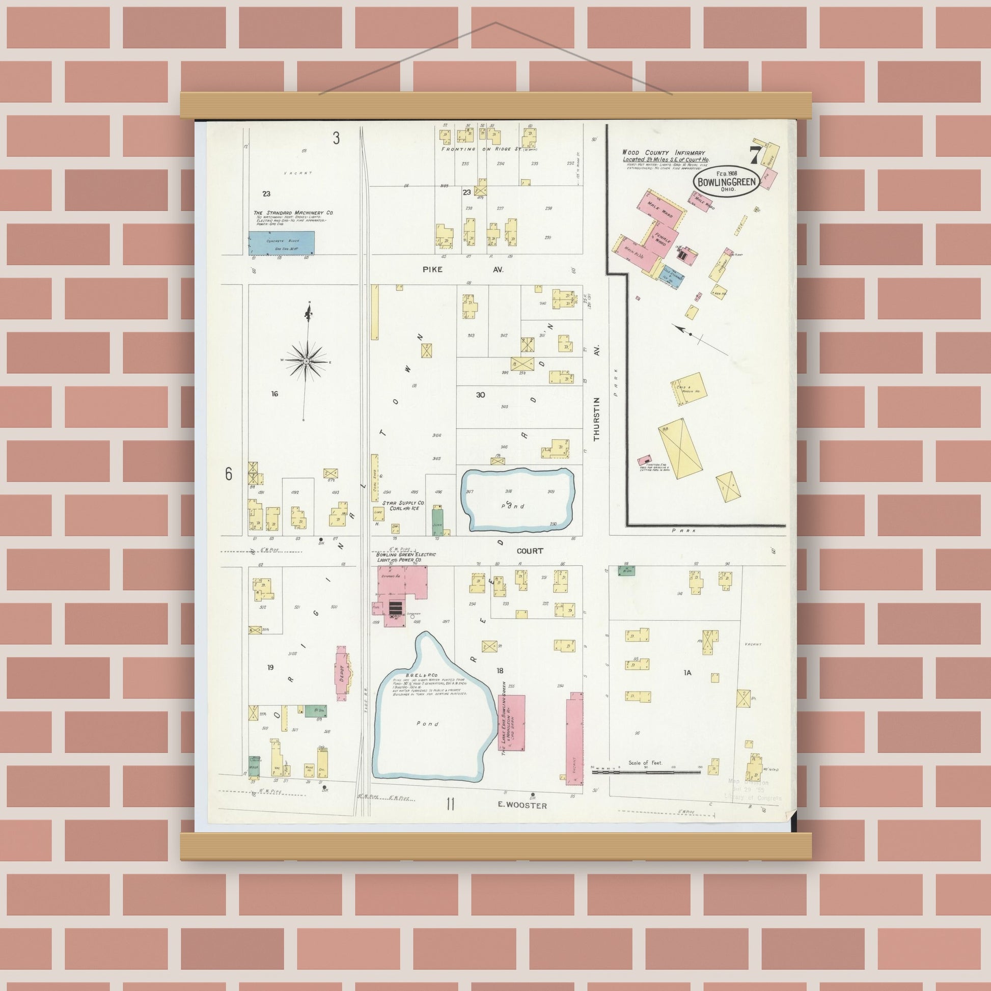 Old map wall art mockup — magnetic wood frame on brick wall — Sanborn Fire Insurance Map from Bowling Green, Wood County, Ohio (1908), Sheet #0007