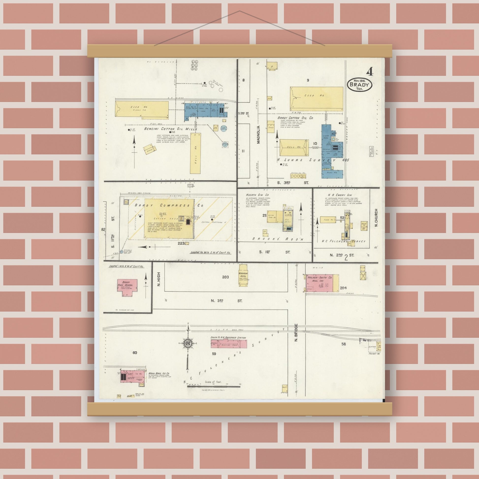Old map wall art mockup — magnetic wood frame on brick wall — Sanborn Fire Insurance Map from Brady, McCulloch County, Texas (1916), Sheet #0004