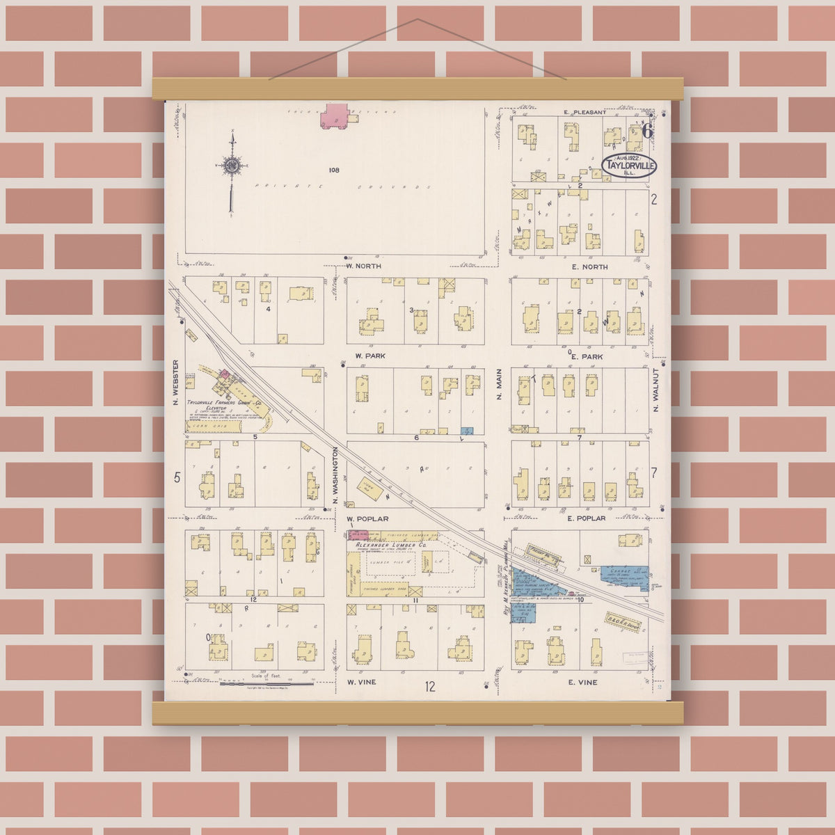 Old map wall art mockup — magnetic wood frame on brick wall — Sanborn Fire Insurance Map from Taylorville, Christian County, Illinois (1922), Sheet #0006