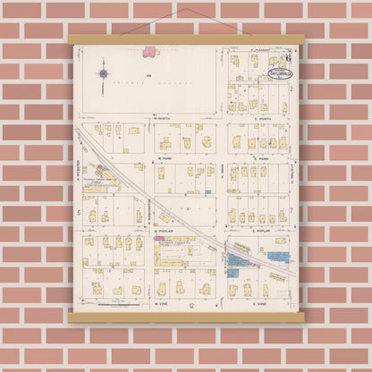 Old map wall art mockup — magnetic wood frame on brick wall — Sanborn Fire Insurance Map from Taylorville, Christian County, Illinois (1922), Sheet #0006