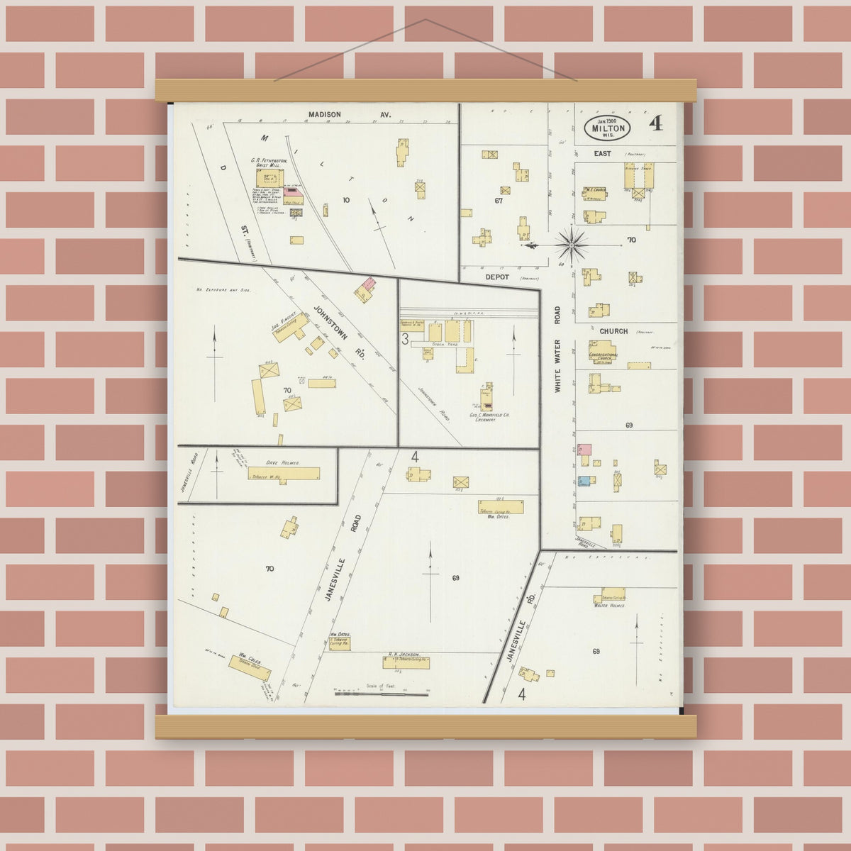 Old map wall art mockup — magnetic wood frame on brick wall — Sanborn Fire Insurance Map from Milton, Rock County, Wisconsin (1900), Sheet #0004