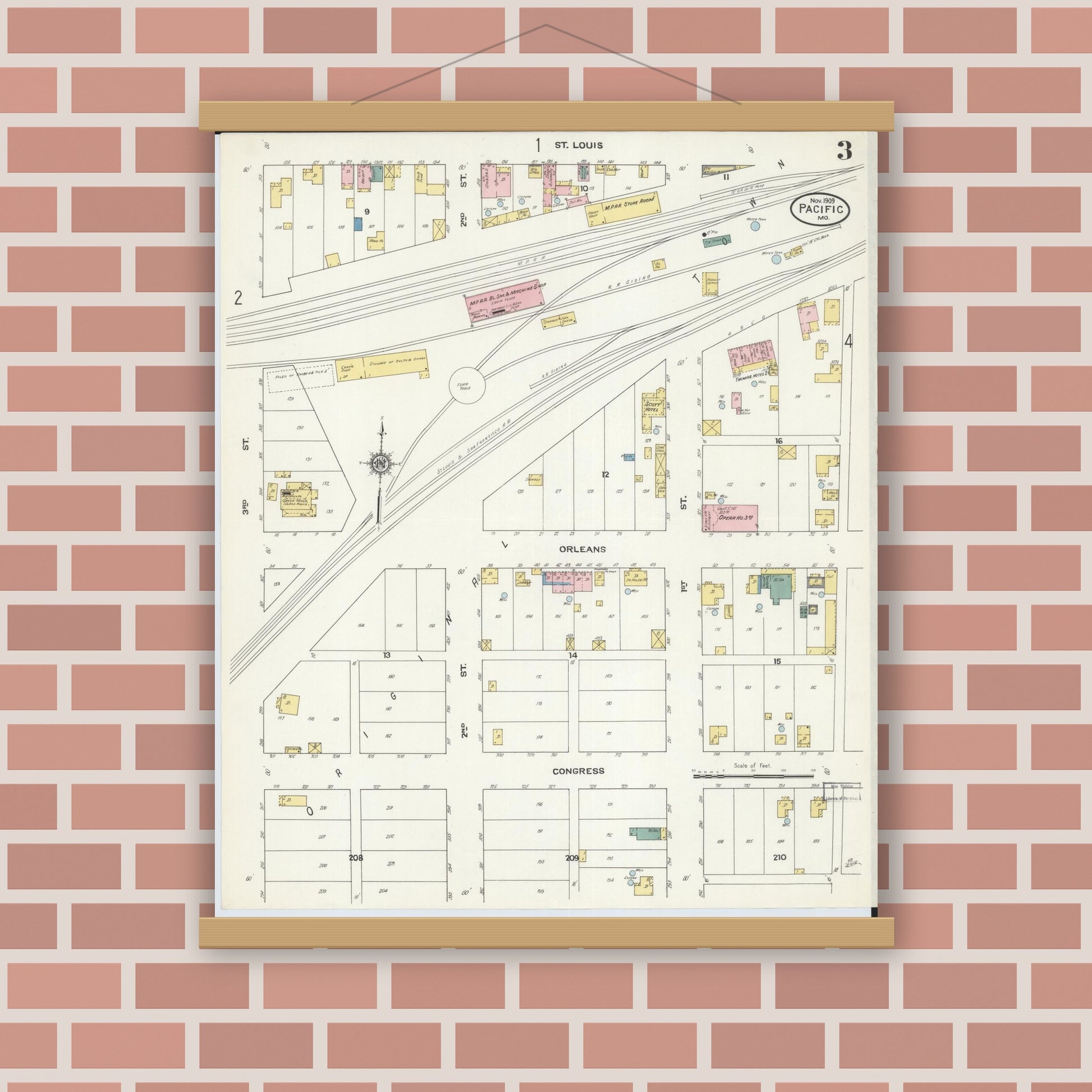 Old map wall art mockup — magnetic wood frame on brick wall — Sanborn Fire Insurance Map from Pacific, Franklin County, Missouri (1909), Sheet #0003