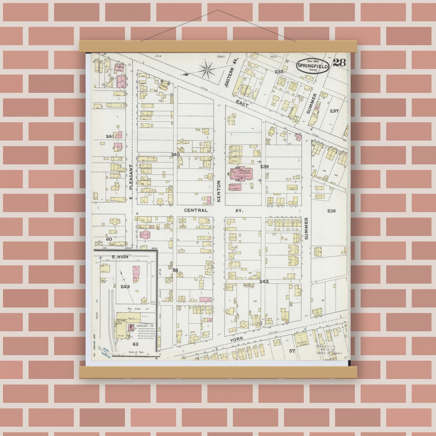 Old map wall art mockup — magnetic wood frame on brick wall — Sanborn Fire Insurance Map from Springfield, Clark County, Ohio (1891), Sheet #0028
