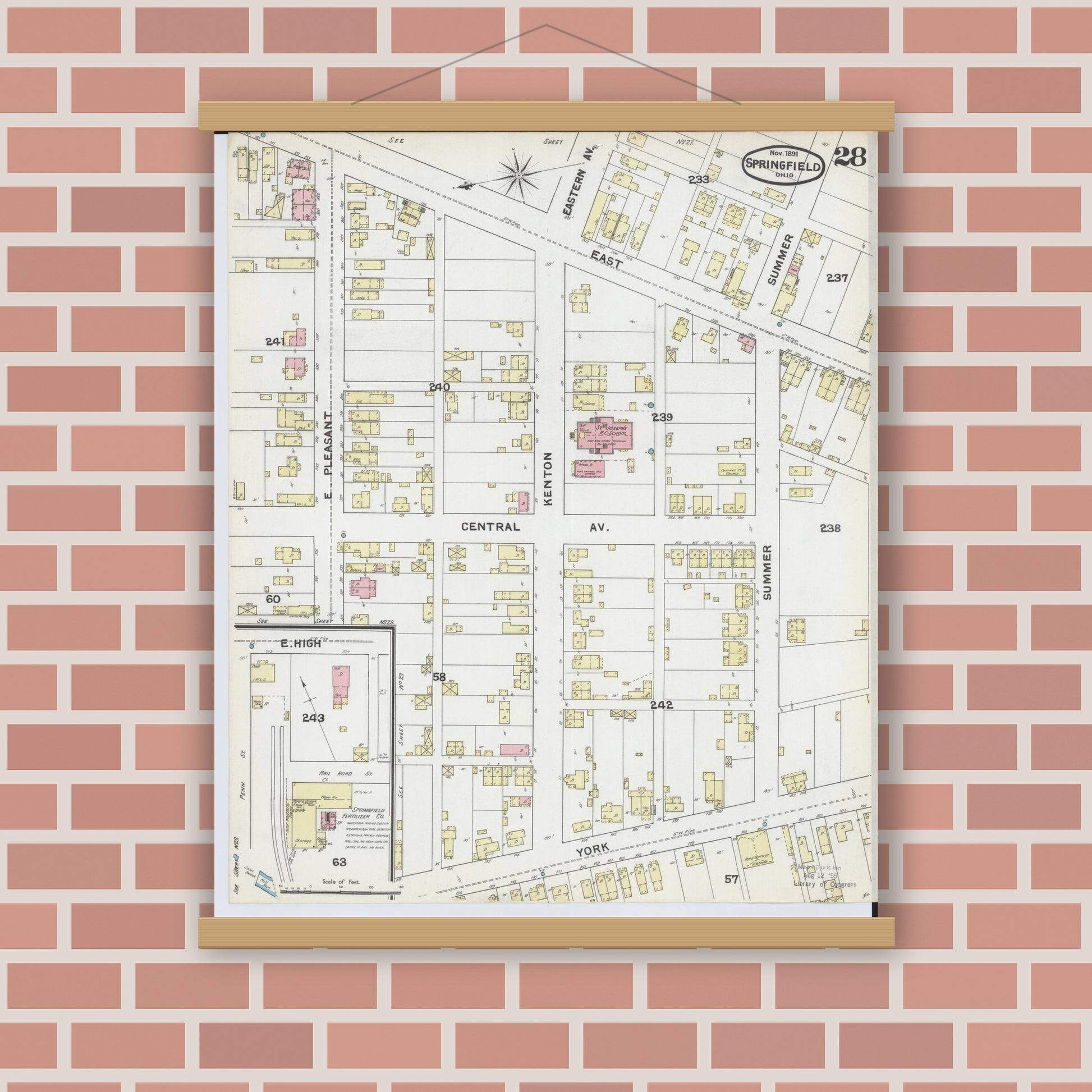 Old map wall art mockup — magnetic wood frame on brick wall — Sanborn Fire Insurance Map from Springfield, Clark County, Ohio (1891), Sheet #0028