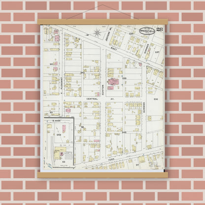 Old map wall art mockup — magnetic wood frame on brick wall — Sanborn Fire Insurance Map from Springfield, Clark County, Ohio (1891), Sheet #0028