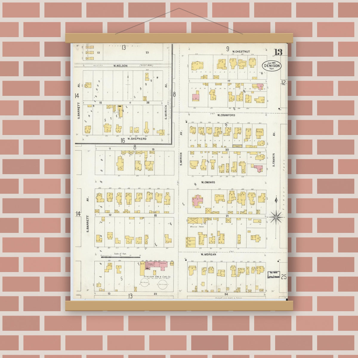 Old map wall art mockup — magnetic wood frame on brick wall — Sanborn Fire Insurance Map from Denison, Grayson County, Texas (1903), Sheet #0013