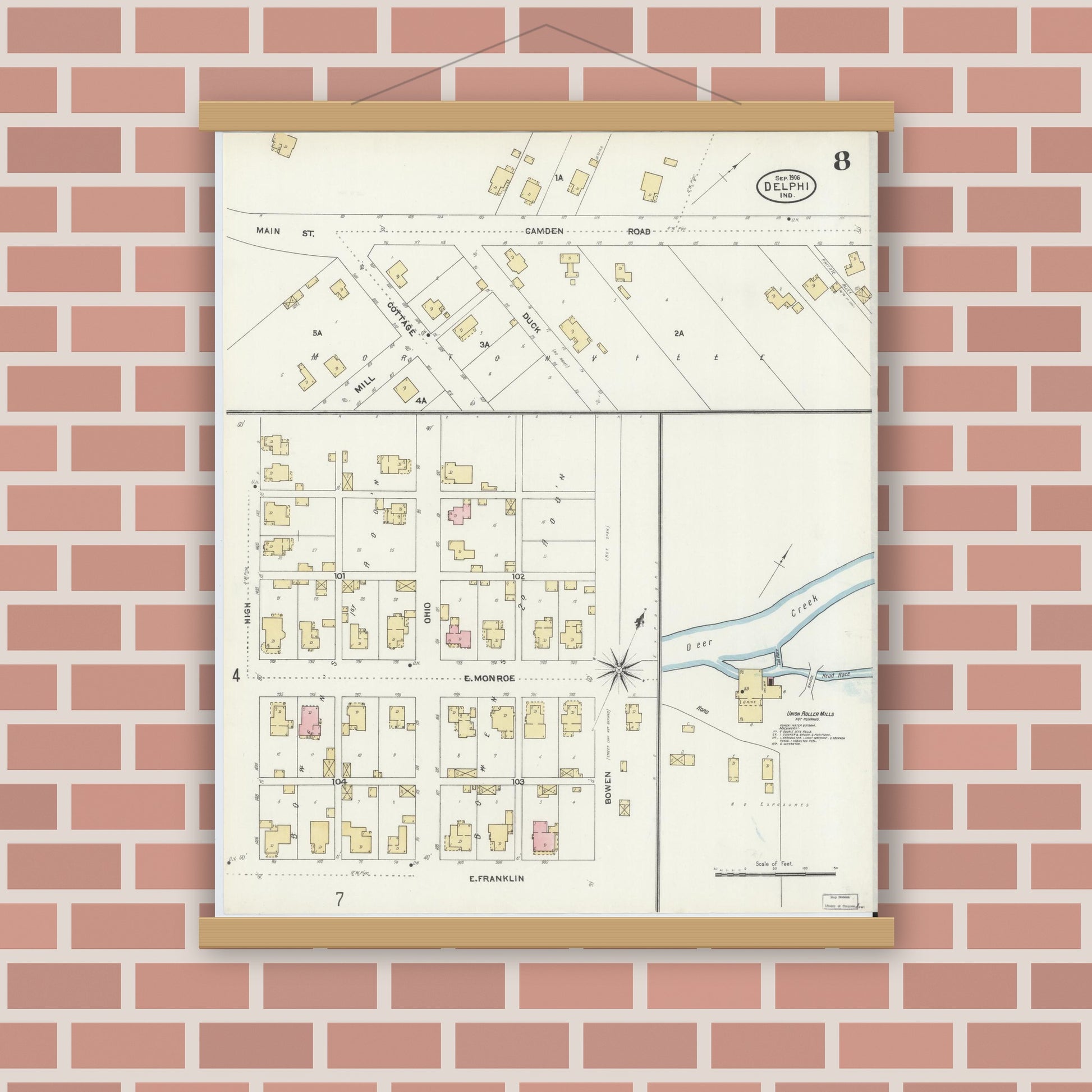 Old map wall art mockup — magnetic wood frame on brick wall — Sanborn Fire Insurance Map from Delphi, Carroll County, Indiana (1906), Sheet #0008