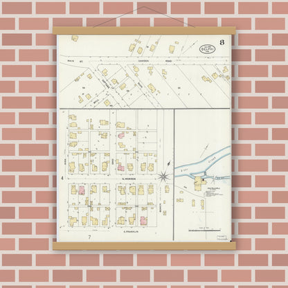 Old map wall art mockup — magnetic wood frame on brick wall — Sanborn Fire Insurance Map from Delphi, Carroll County, Indiana (1906), Sheet #0008