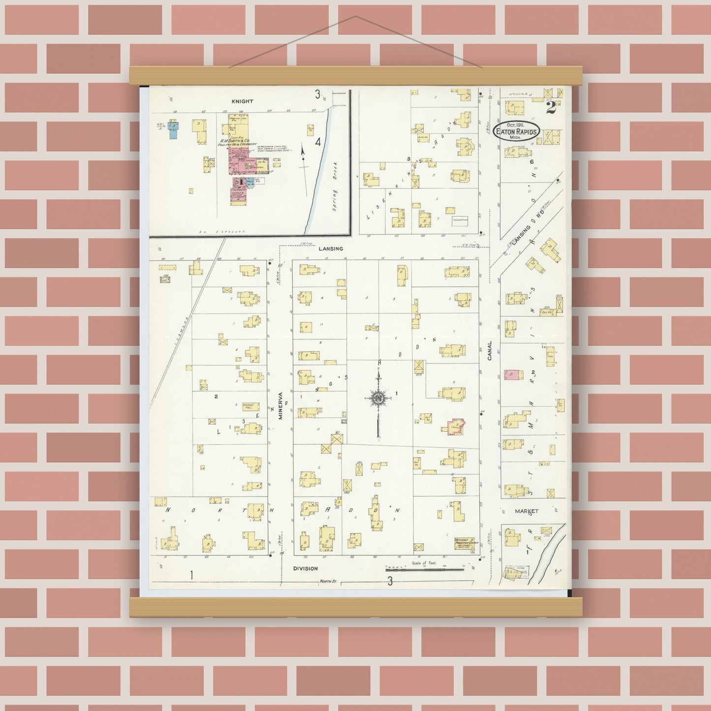 Old map wall art mockup — magnetic wood frame on brick wall — Sanborn Fire Insurance Map from Eaton Rapids, Eaton County, Michigan (1911), Sheet #0002