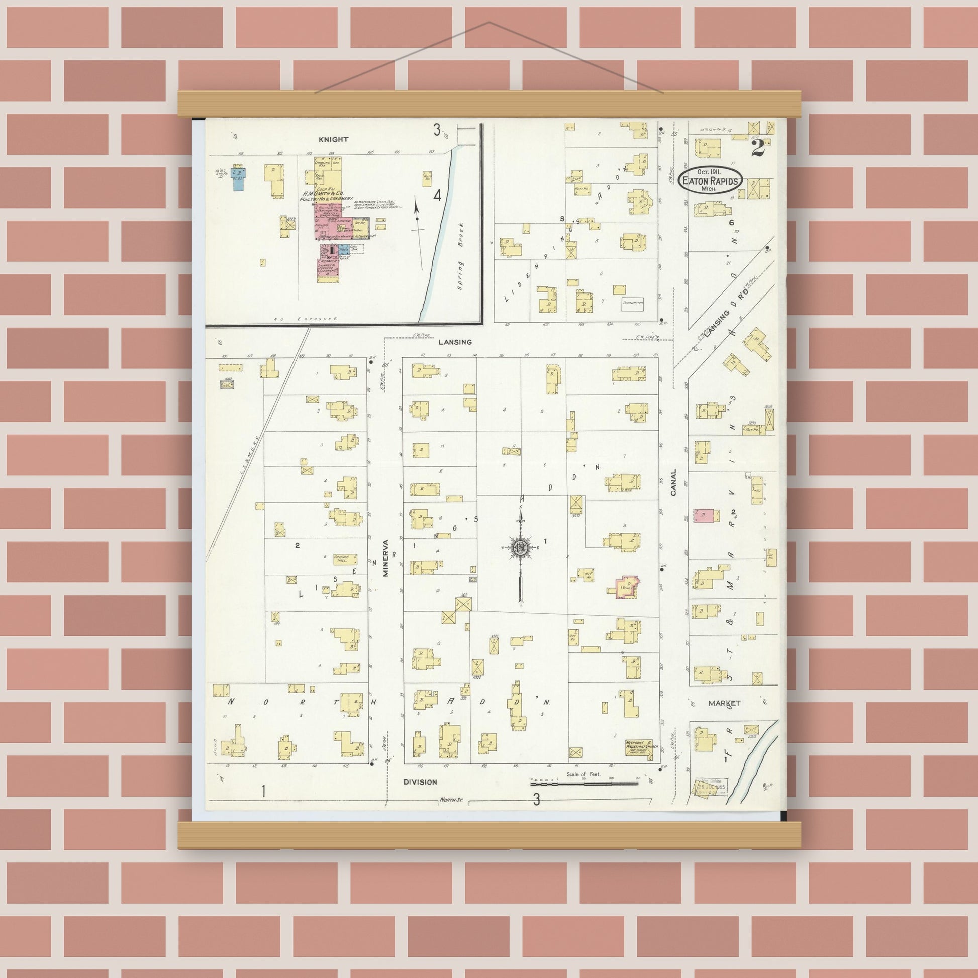 Old map wall art mockup — magnetic wood frame on brick wall — Sanborn Fire Insurance Map from Eaton Rapids, Eaton County, Michigan (1911), Sheet #0002