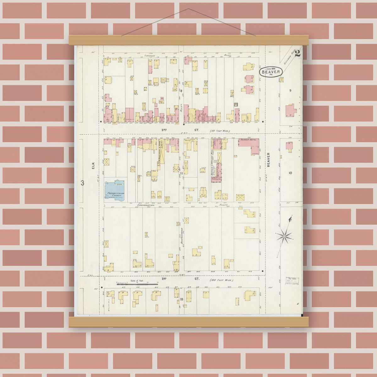 Old map wall art mockup — magnetic wood frame on brick wall — Sanborn Fire Insurance Map from Beaver, Beaver County, Pennsylvania (1896), Sheet #0002