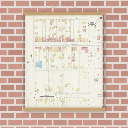 Old map wall art mockup — magnetic wood frame on brick wall — Sanborn Fire Insurance Map from Beaver, Beaver County, Pennsylvania (1896), Sheet #0002