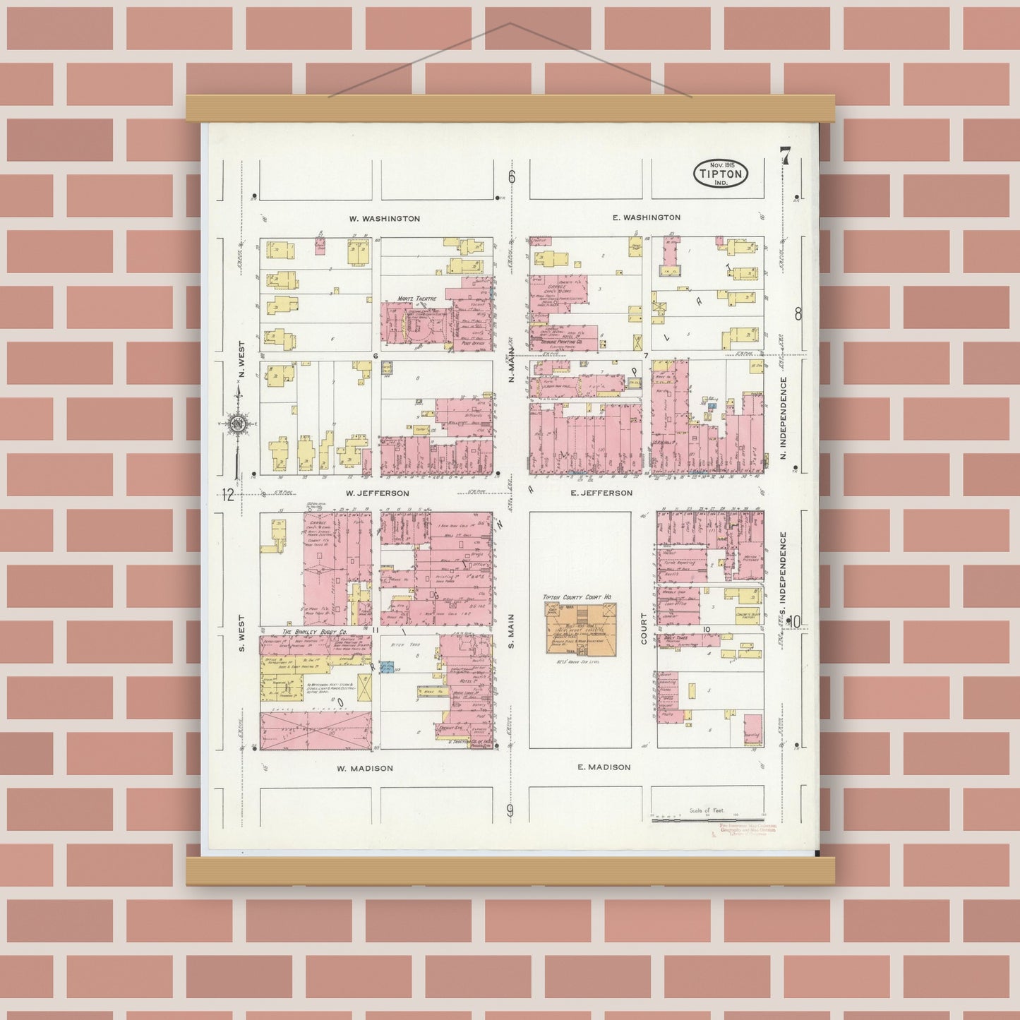 Old map wall art mockup — magnetic wood frame on brick wall — Sanborn Fire Insurance Map from Tipton, Tipton County, Indiana (1915), Sheet #0007