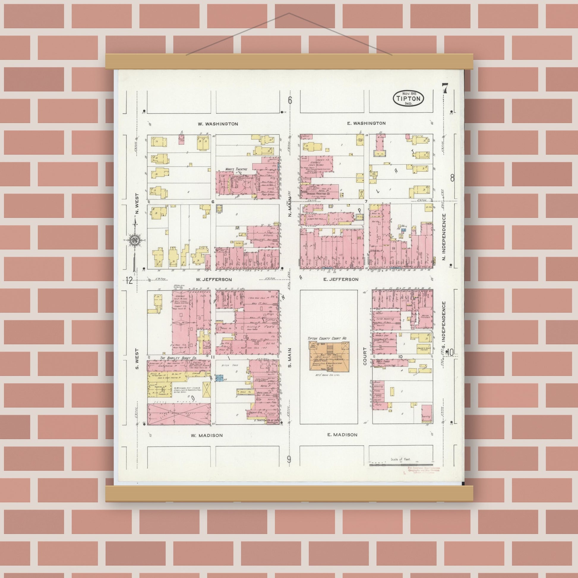 Old map wall art mockup — magnetic wood frame on brick wall — Sanborn Fire Insurance Map from Tipton, Tipton County, Indiana (1915), Sheet #0007