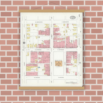 Old map wall art mockup — magnetic wood frame on brick wall — Sanborn Fire Insurance Map from Tipton, Tipton County, Indiana (1915), Sheet #0007