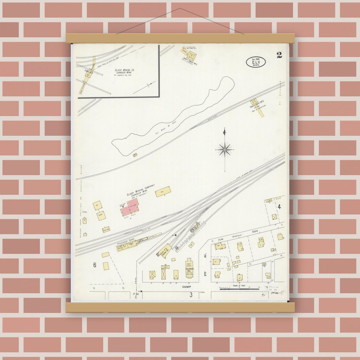 Old map wall art mockup — magnetic wood frame on brick wall — Sanborn Fire Insurance Map from Ely, Saint Louis County, Minnesota (1906), Sheet #0002