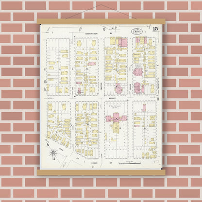Old map wall art mockup — magnetic wood frame on brick wall — Sanborn Fire Insurance Map from Cairo, Alexander County, Illinois (1907), Sheet #0015