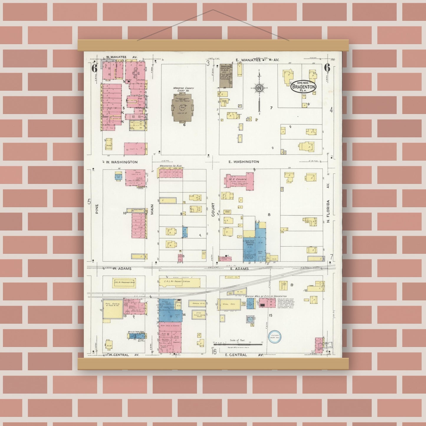 Old map wall art mockup — magnetic wood frame on brick wall — Sanborn Fire Insurance Map from Bradentown, Manatee County, Florida (1926), Sheet #0006