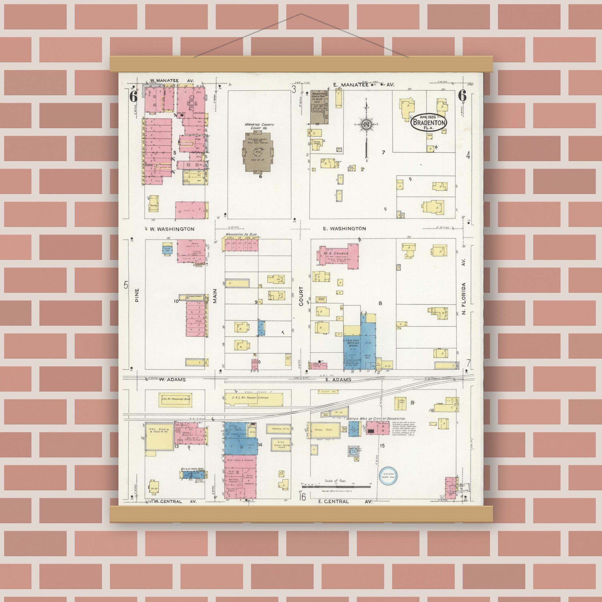 Old map wall art mockup — magnetic wood frame on brick wall — Sanborn Fire Insurance Map from Bradentown, Manatee County, Florida (1926), Sheet #0006