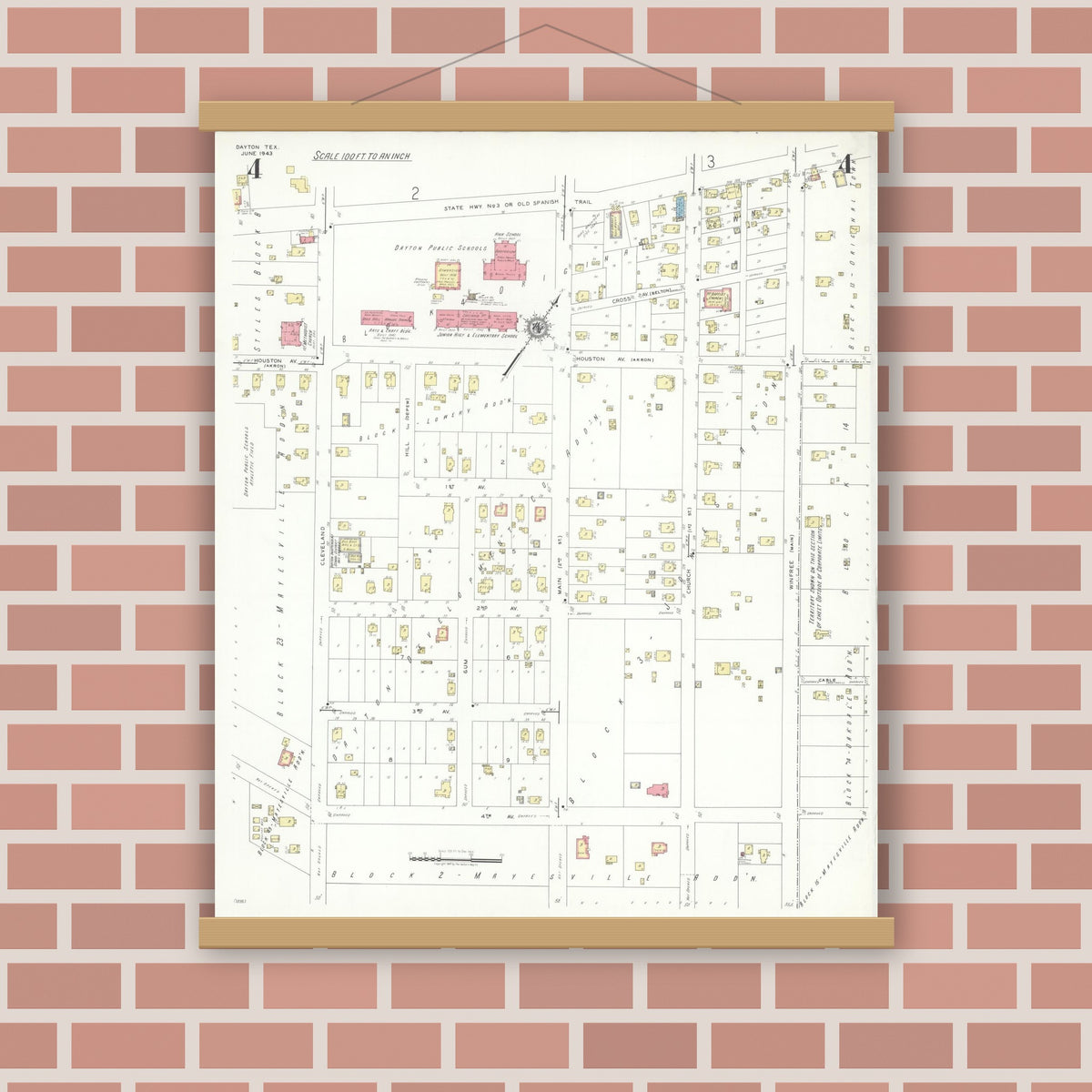 Old map wall art mockup — magnetic wood frame on brick wall — Sanborn Fire Insurance Map from Dayton, Liberty County, Texas (1943), Sheet #0004