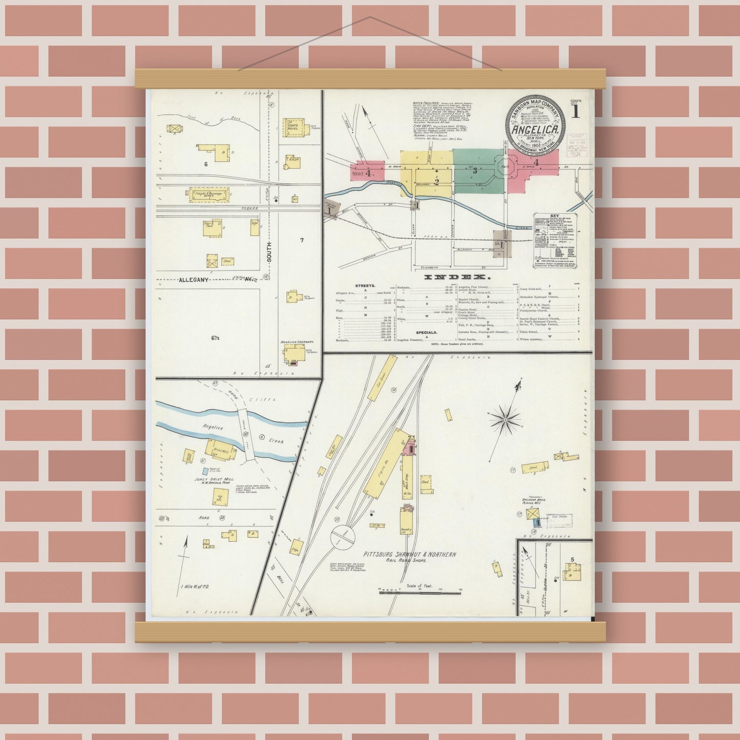 Old map wall art mockup — magnetic wood frame on brick wall — Sanborn Fire Insurance Map from Angelica, Allegany County, New York (1903) - Complete Map Set