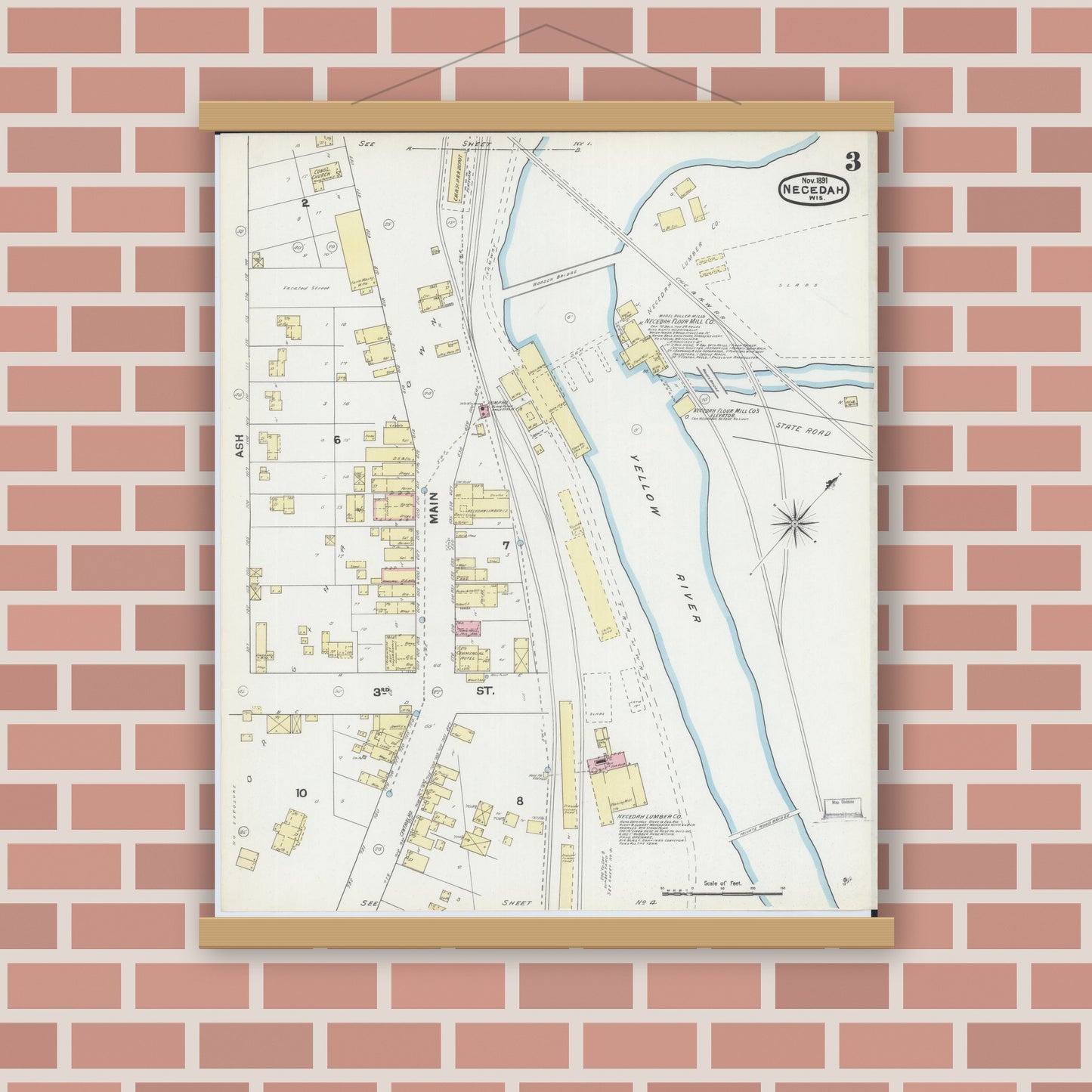 Old map wall art mockup — magnetic wood frame on brick wall — Sanborn Fire Insurance Map from Necedah, Juneau County, Wisconsin (1891), Sheet #0003