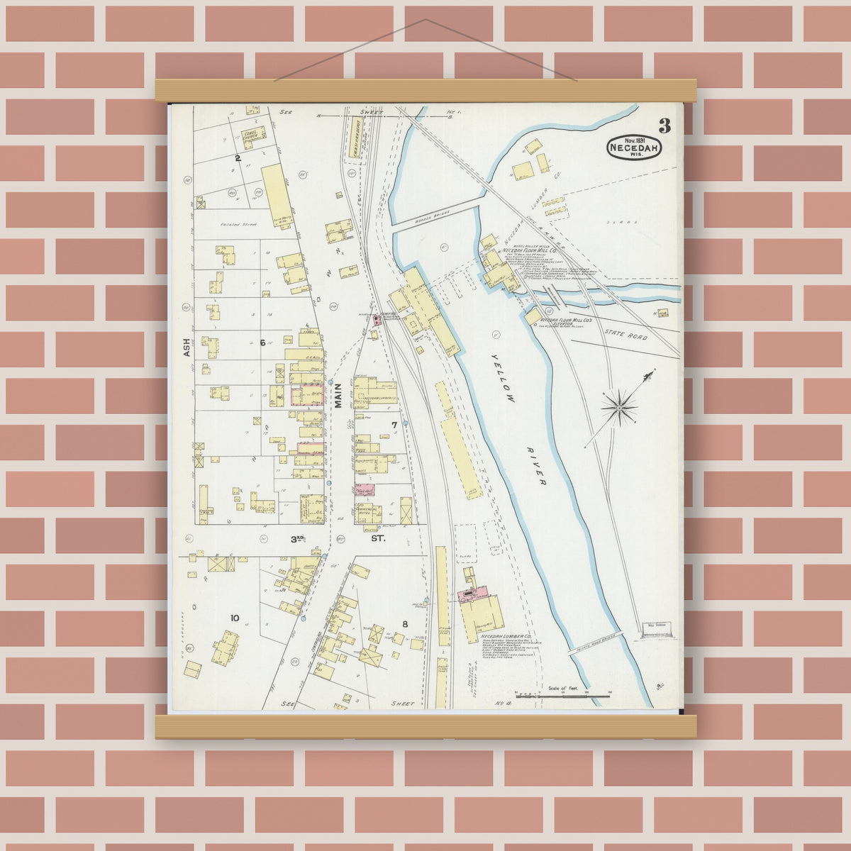Old map wall art mockup — magnetic wood frame on brick wall — Sanborn Fire Insurance Map from Necedah, Juneau County, Wisconsin (1891), Sheet #0003
