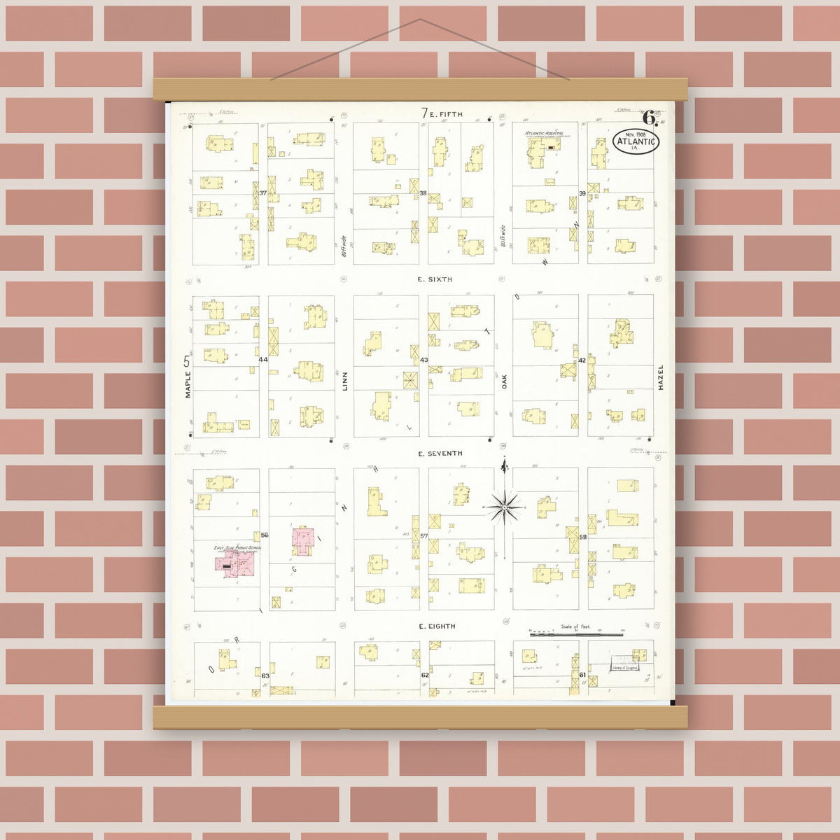 Old map wall art mockup — magnetic wood frame on brick wall — Sanborn Fire Insurance Map from Atlantic, Cass County, Iowa (1908), Sheet #0006