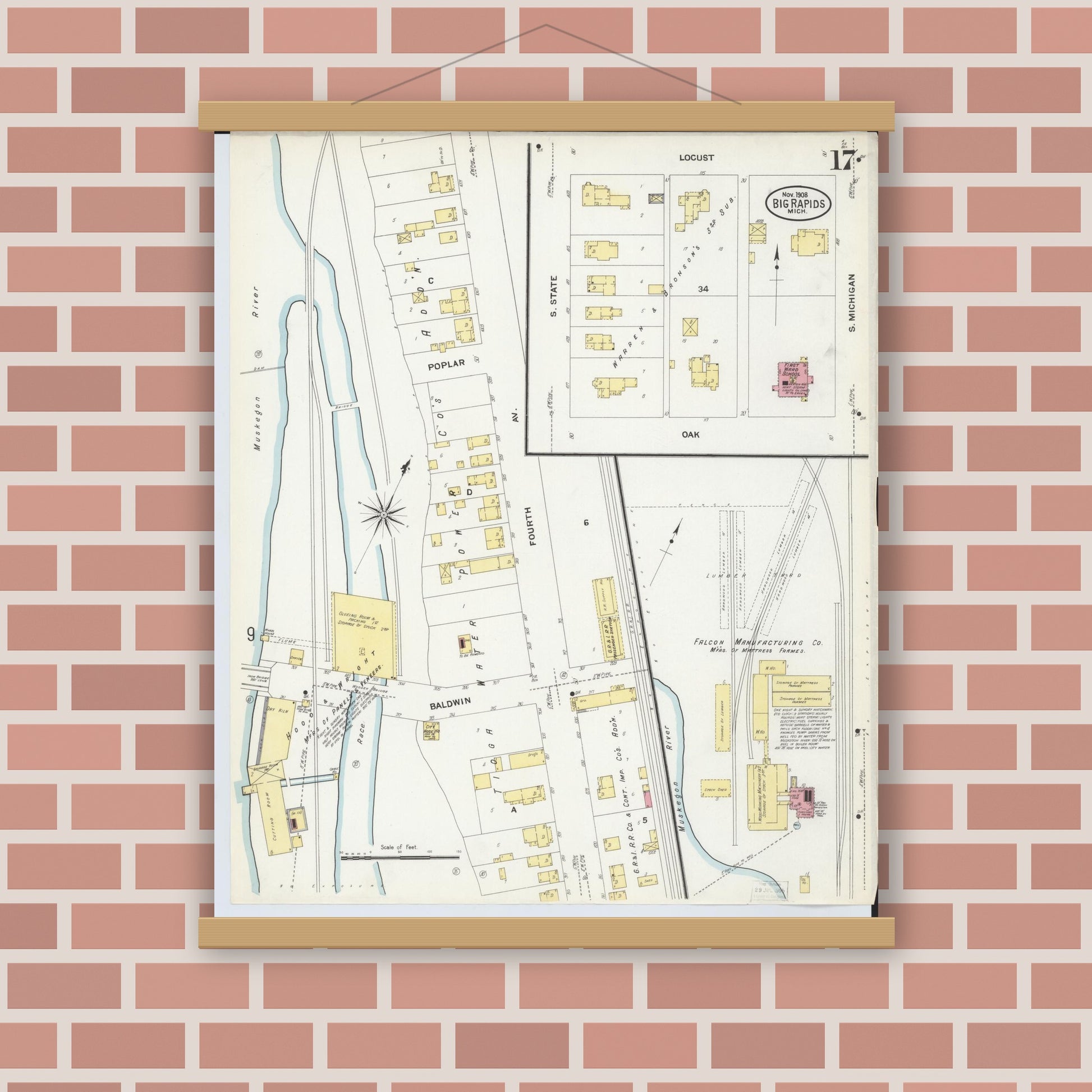 Old map wall art mockup — magnetic wood frame on brick wall — Sanborn Fire Insurance Map from Big Rapids, Mecosta County, Michigan (1908), Sheet #0017