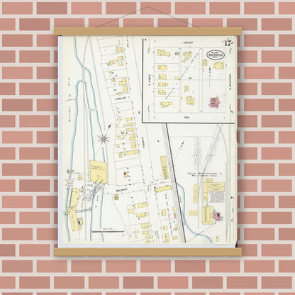 Old map wall art mockup — magnetic wood frame on brick wall — Sanborn Fire Insurance Map from Big Rapids, Mecosta County, Michigan (1908), Sheet #0017