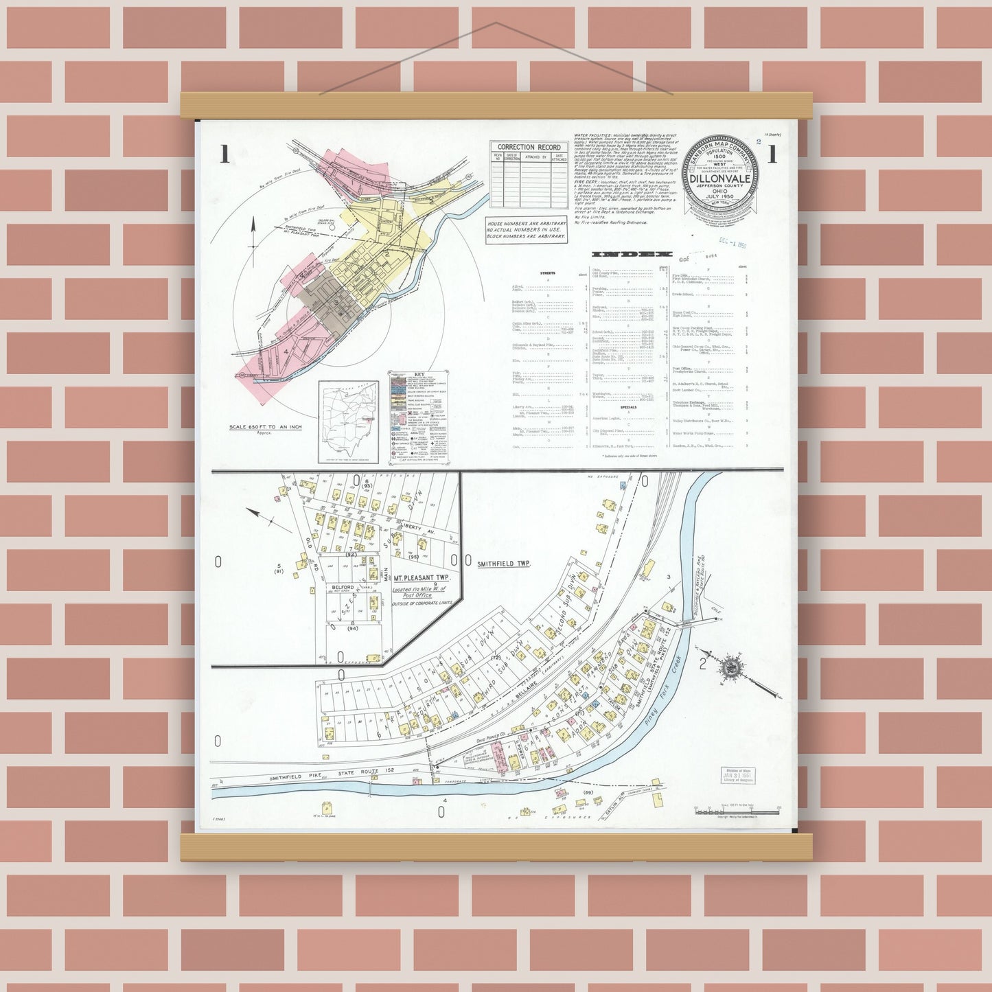 Old map wall art mockup — magnetic wood frame on brick wall — Sanborn Fire Insurance Map from Dillonvale, Jefferson County, Ohio (1950) - Complete Map Set
