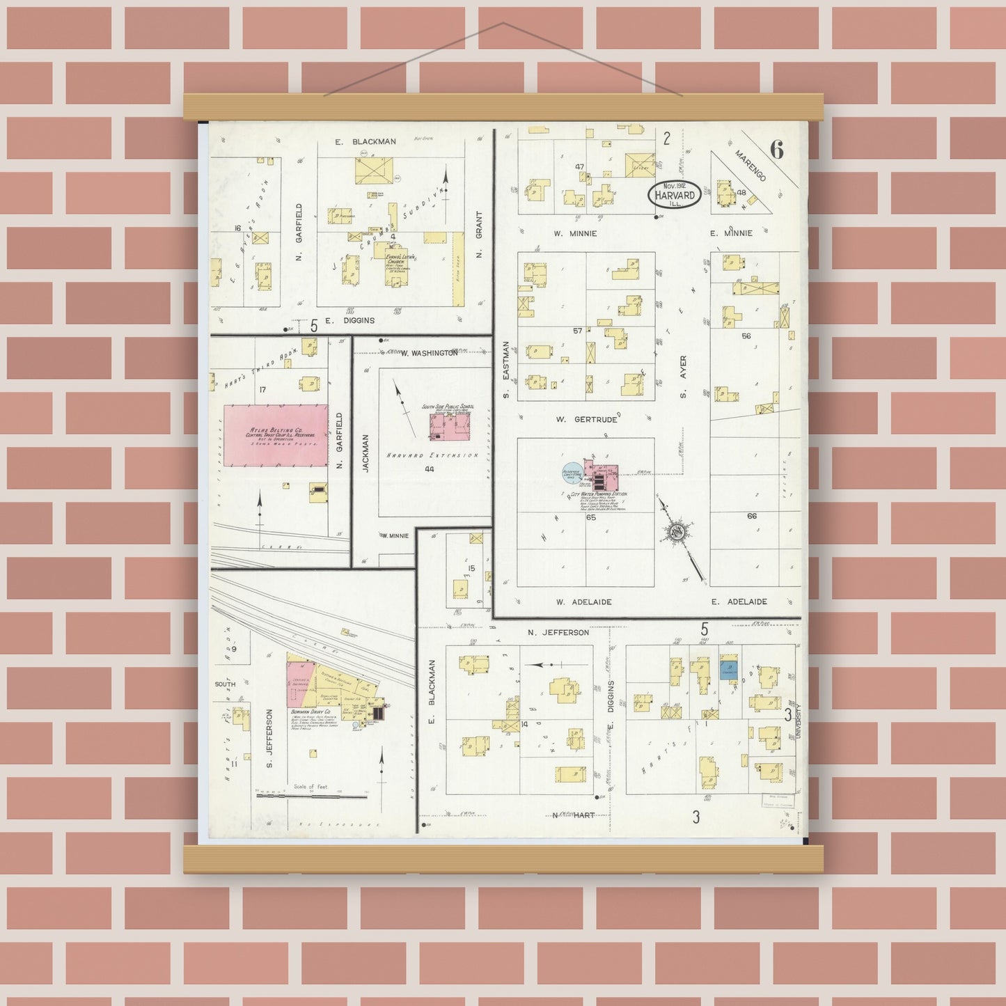 Old map wall art mockup — magnetic wood frame on brick wall — Sanborn Fire Insurance Map from Harvard, McHenry County, Illinois (1912), Sheet #0006