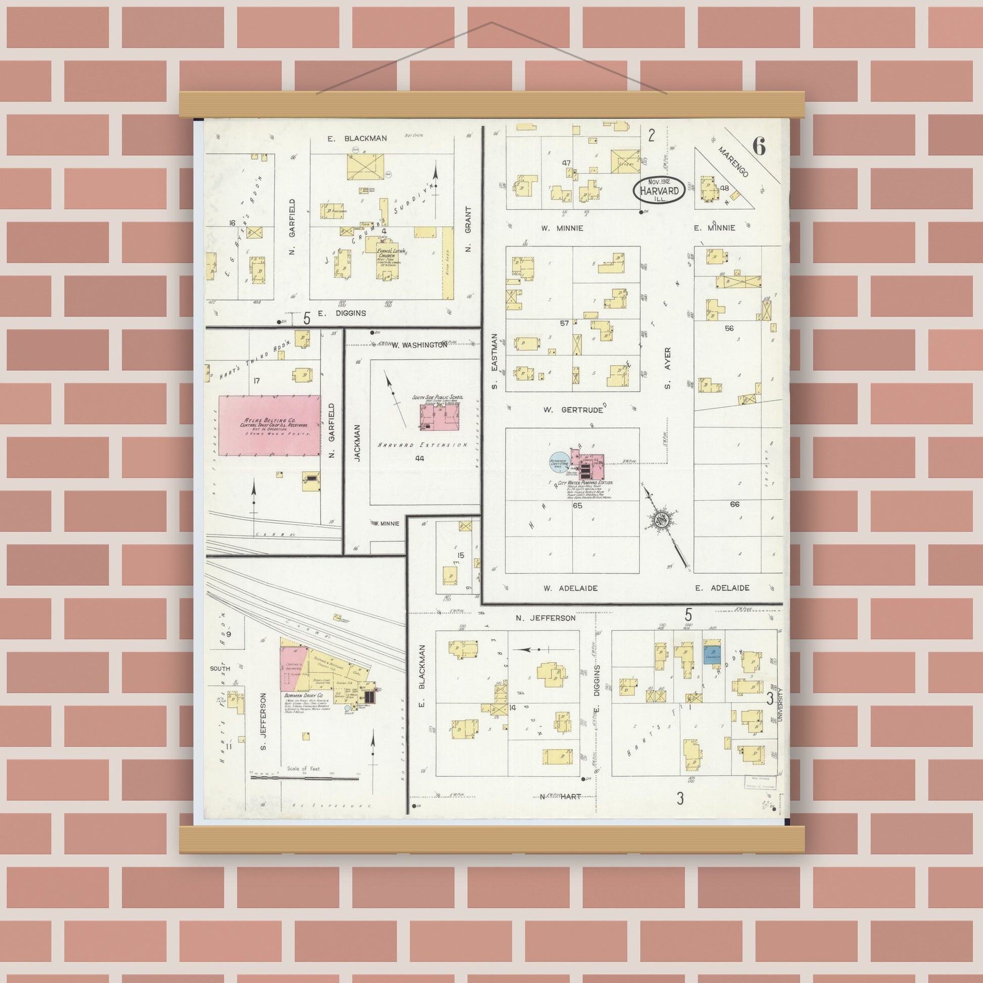 Old map wall art mockup — magnetic wood frame on brick wall — Sanborn Fire Insurance Map from Harvard, McHenry County, Illinois (1912), Sheet #0006