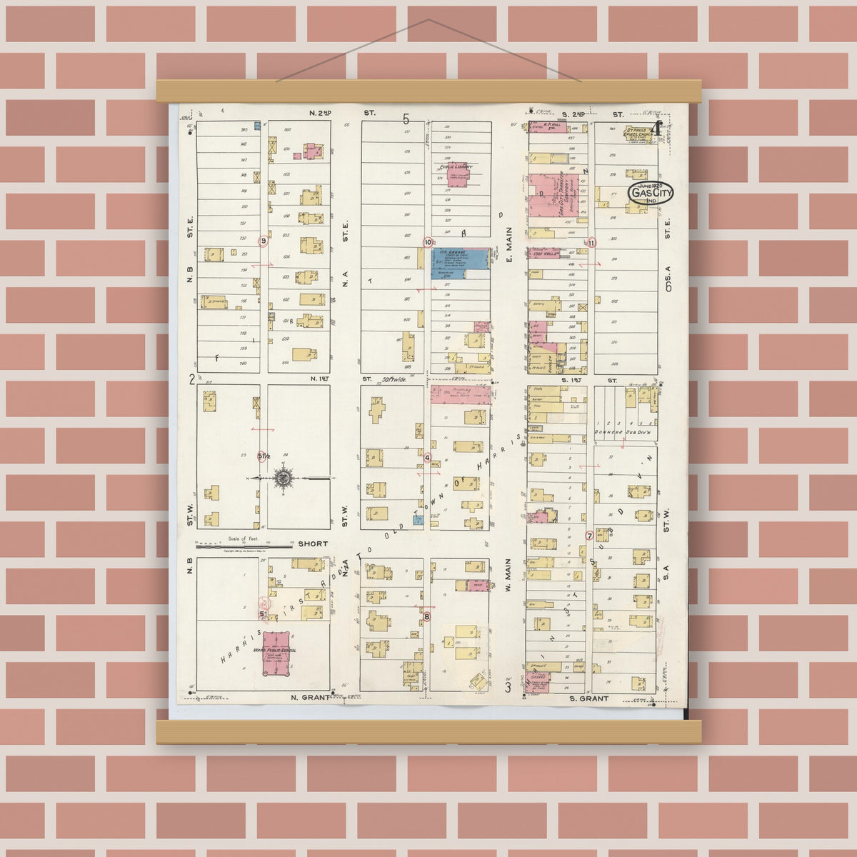 Old map wall art mockup — magnetic wood frame on brick wall — Sanborn Fire Insurance Map from Gas City, Grant County, Indiana (1932), Sheet #0004