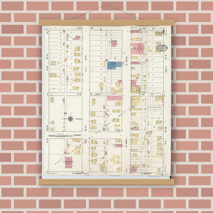 Old map wall art mockup — magnetic wood frame on brick wall — Sanborn Fire Insurance Map from Gas City, Grant County, Indiana (1932), Sheet #0004