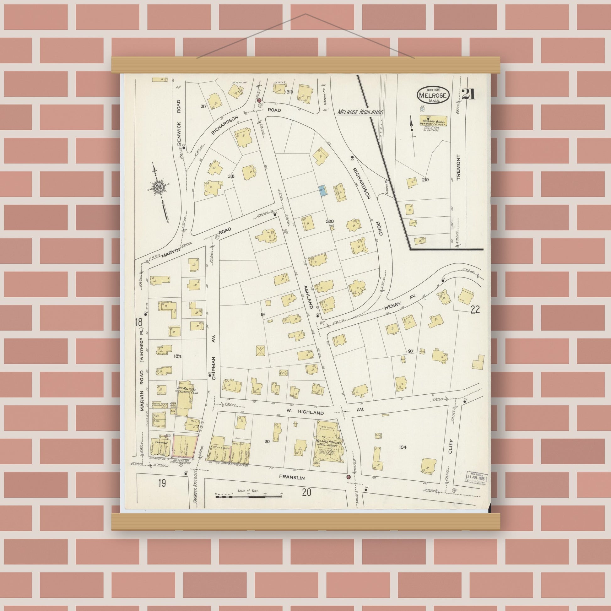 Old map wall art mockup — magnetic wood frame on brick wall — Sanborn Fire Insurance Map from Melrose, Middlesex County, Massachusetts (1915), Sheet #0021