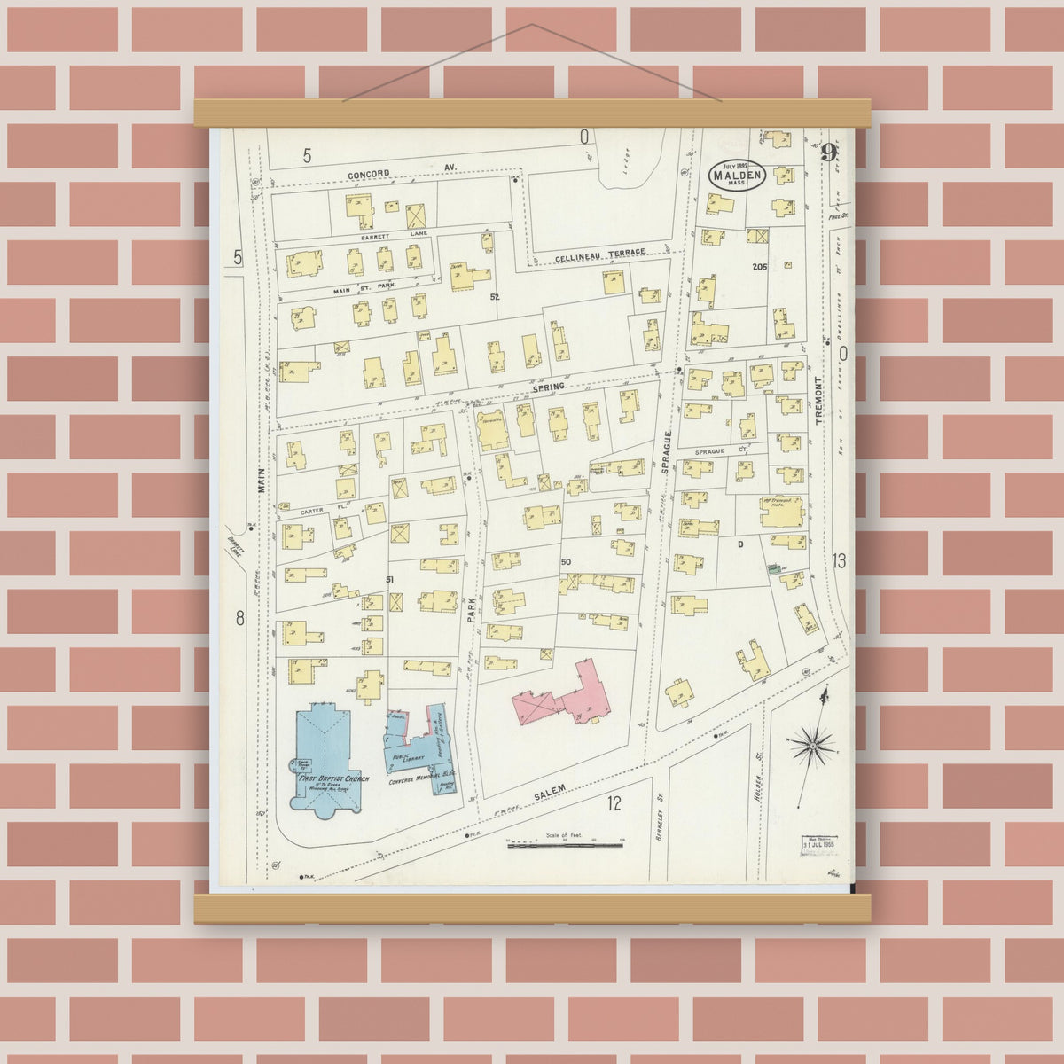 Old map wall art mockup — magnetic wood frame on brick wall — Sanborn Fire Insurance Map from Malden, Middlesex County, Massachusetts (1897), Sheet #0009