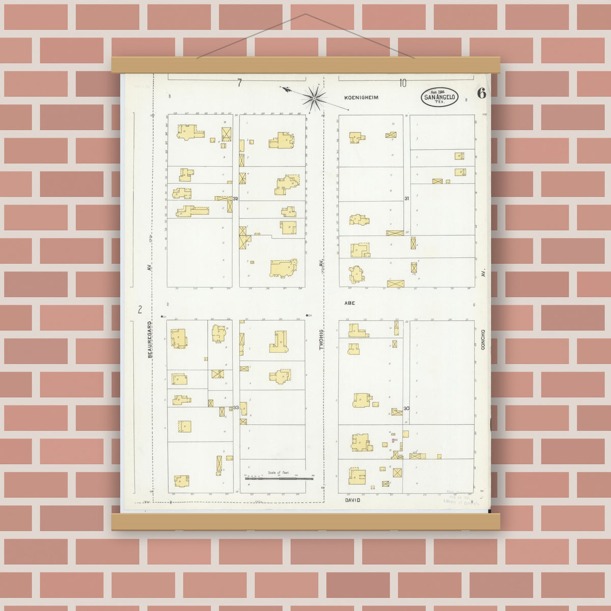 Old map wall art mockup — magnetic wood frame on brick wall — Sanborn Fire Insurance Map from San Angelo, Tom Green County, Texas (1904), Sheet #0006